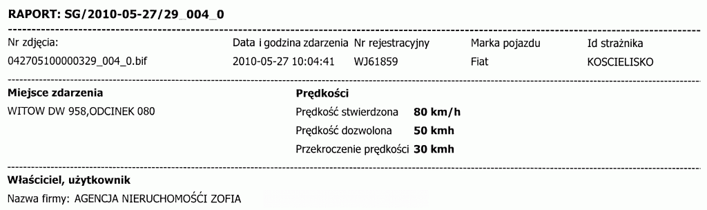 ZOFIA jedzie po drodze nr 958 w Witowie z prędkością 80 km/h